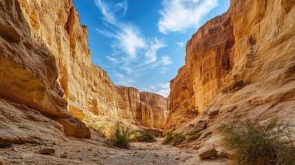 A panoramic shot of a desert canyon with sheer cliffs, showcasing the dramatic and rugged beauty of the terrain