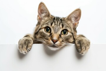 Amusing pet cat holding sign on white background with space for text