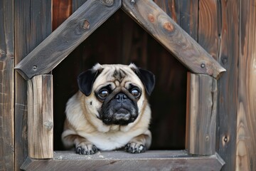 Amusing pug in the doghouse