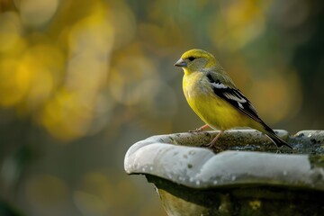Obraz premium An American goldfinch perched on a stone bird bath