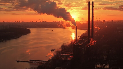 Obraz premium smoke and pollution pours from many industrial stacks, a factory by a river and a city - air pollution themed image of a refinery, heavy industry - environmental awareness