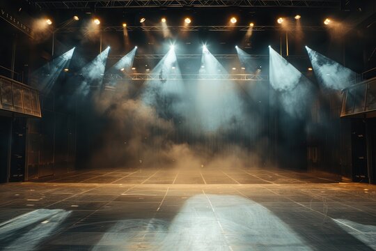 An empty theater stage illuminated by spotlights and smoke before the show