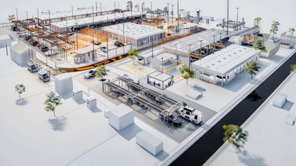 Logistics center with trucks and cars moving around in a futuristic city