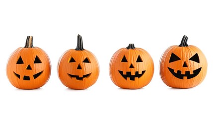 Set of four funny halloween pumpkins. Isolated on white background. --ar 16:9 --v 6.1 Job ID: f075b43b-8547-4698-81a2-37f7b186764c