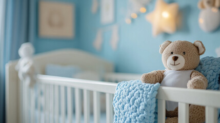 Cozy nursery featuring soft teddy bear on crib with blue blanket, creating warm and inviting atmosphere for newborn.