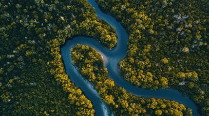 Fototapeta premium A bird's-eye view of a winding river through a dense forest, showcasing the natural beauty of the landscape