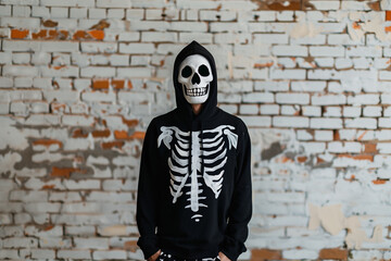 Obraz premium Skeleton Costume with Skull Makeup for Halloween Fun and Spooky Party Themes Featuring Copy Space