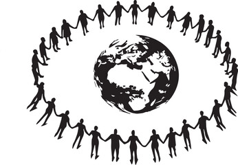 Silhouette of a group of people forming a circle around the Earth, holding hands, symbolizing global unity for environmental sustainability, people around the earth vector