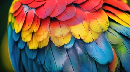 Fototapeta premium A close-up of a colorful parrot's feathers, showcasing the vibrant patterns and textures in high detail