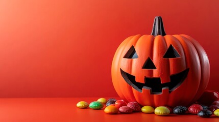 Smiling halloween pumpkin and candies in minimalist style.
