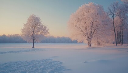 Frozen landscape in the evening, with snow-covered ground, frosty trees, and a clear winter sky, creating a serene winter scene, Serene, Cool Tones, Wide Angle