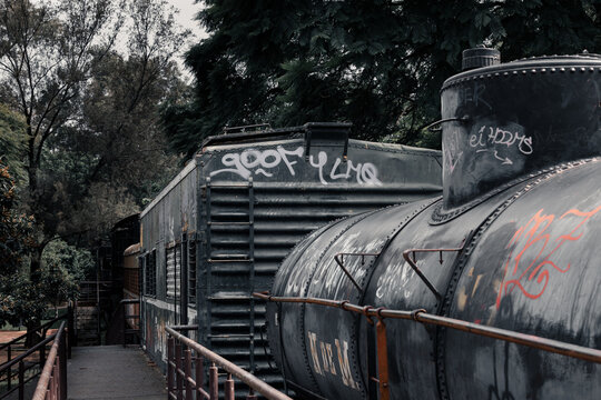 Tren de color negro parado en un parque latino