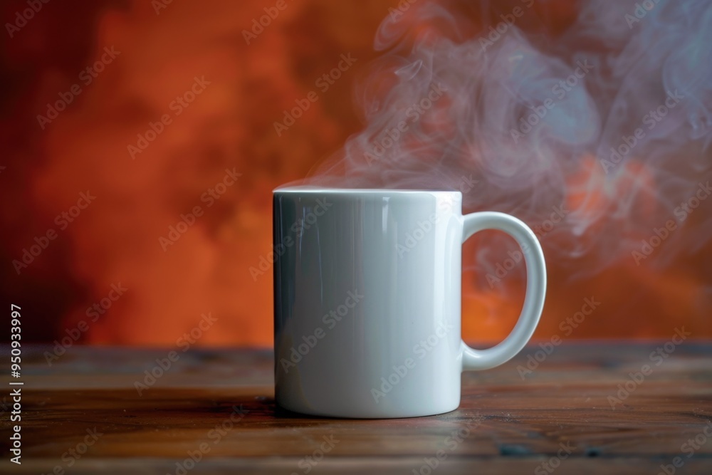 Canvas Prints A white coffee mug sits on top of a wooden table, perfect for morning routine or office use