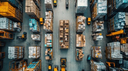 A top-down view of a pallet with mixed goods, highlighting the complexity of modern logistics, surrounded by forklifts and workers in a large distribution center