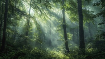 Obraz premium A misty morning in a dense forest, with soft light filtering through the trees, creating a mysterious atmosphere