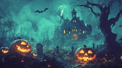 Happy halloween banner or party invitation background with haunted house, graveyard, dead tree and pumpkins.
