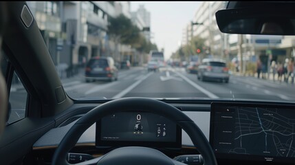Modern car driving through city traffic showing heads up display and navigation system