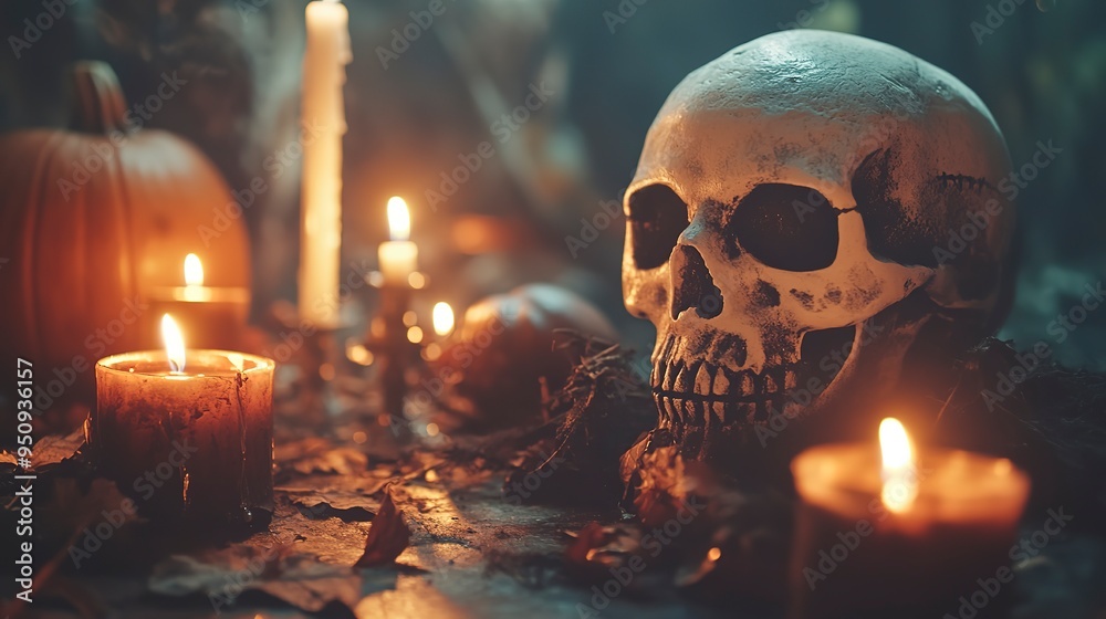 Poster Halloween Background with Candles, Skull and Pumpkin Decoration. Atmospheric Graveyard Tabletop. 