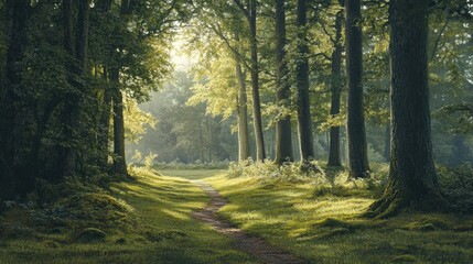 Obraz premium A peaceful forest scene with sunlight filtering through the trees, casting dappled shadows on a mossy path