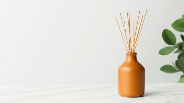 A terracotta vase with reed diffusers placed on a white marble table next to green leaves in a bright, minimalistic interior setting.