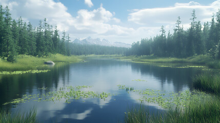 Fototapeta premium Serene lakes, rivers, and streams in a balanced environment, where water nourishes and reflects nature.