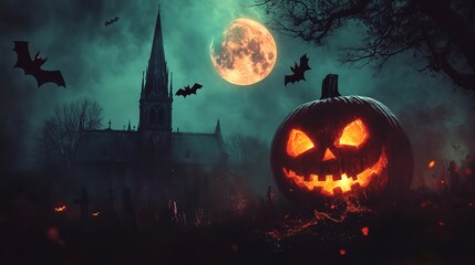 Pumpkin zombie Rising Out Of A Graveyard cemetery and church In Spooky scary dark Night full moon bats on tree. Holiday event halloween banner background concept.