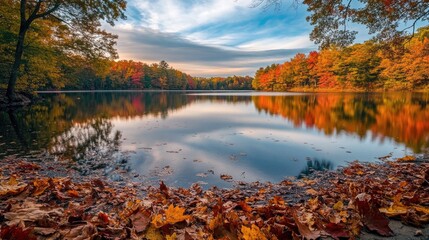 Naklejka premium A serene lake surrounded by autumn foliage, with the colorful leaves reflecting on the water's surface