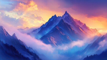 A serene mountain landscape at sunrise, with mist rolling over the peaks and vibrant colors in the sky