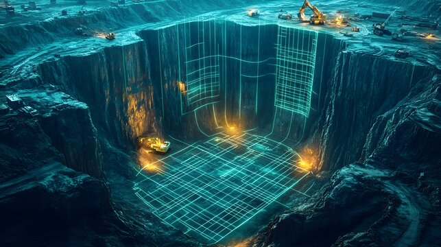Detailed view of a construction pit being dug, machinery in action, with holographic grids guiding the process, isometric perspective, neon accents, futuristic vibe