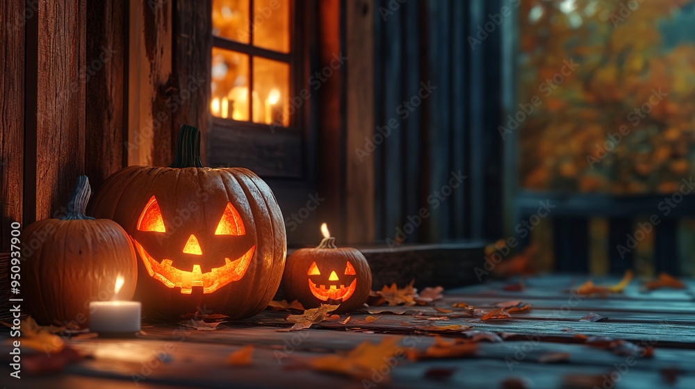 Poster Background with halloween pumpkins, candles and autumn leaves on the wooden house porch 