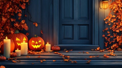 Obraz premium Background with halloween pumpkins, candles and autumn leaves on the wooden house porch 