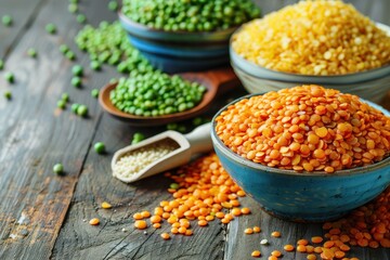 Assorted cereals in bowls with wooden scoops Lentils bulgur peas in red yellow green