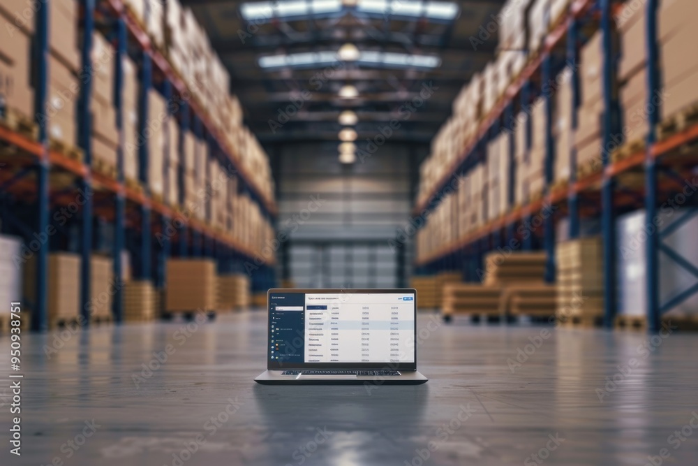 Aufkleber laptop computer on a table in a warehouse, great for storage or display images