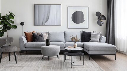 Contemporary Chic: Scandinavian Home Interior with Gray Sofa, Marble Stool, and Modern Touches 