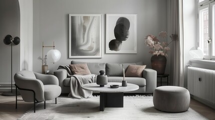 Minimalist Elegance: Gray Sofa, Marble Stool, and Modern Scandinavian Decor 