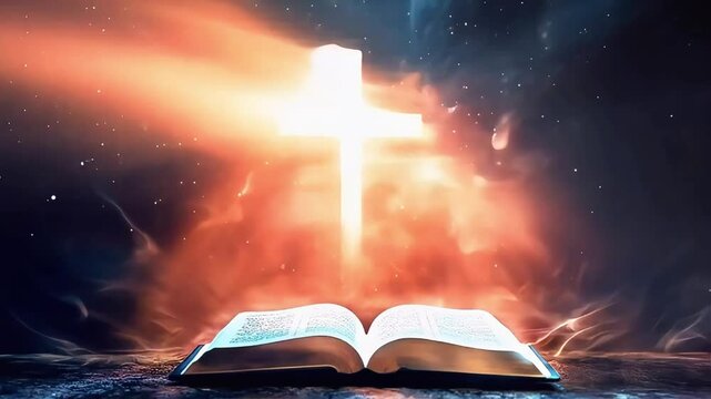 Open Bible with Glowing Cross for Prayer and Gospel - Seamless Looping Video