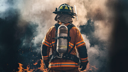 Fototapeta premium Back view of a firefighter fully equipped in protective gear, standing amidst a haze of smoke with visible flames, dark background