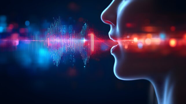 Double exposure of a digital voice assistant and soundwaves, representing AI-powered speech technology.--style raw