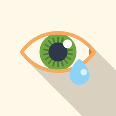 Green eye crying, shedding a tear drop in flat design style with long shadow