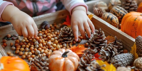 Autumn Harvest Sensory Bin Child Engaged in Educational Play with Pumpkins Cones and Dried Beans Montessori inspired Activity Encouraging Learning Through Play Creative Sensory Exploration