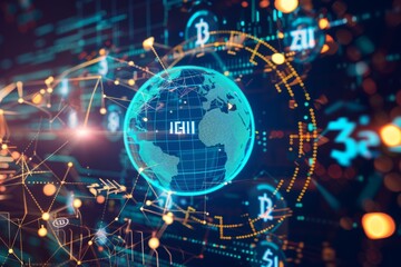 Obraz premium Glowing digital globe surrounded by stock market data, symbolizing global finance, digital transformation, and the integration of technology in the financial markets for a connected world economy