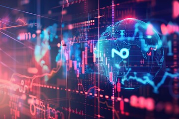 Obraz premium Digital world map with glowing connections, symbolizing global finance, the interconnectedness of global markets, and the impact of digital technology on the financial industry
