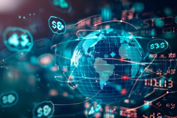 Digital globe with financial data, representing global finance, the interconnectedness of markets, and the impact of digital transformation on the global economy and trading systems
