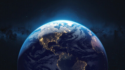 Fototapeta premium Stunning view of Earth from space illuminated by radiant blue light, showcasing the planet's beauty against the vast cosmos, highlighting the contrast between Earth's luminance