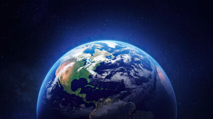 Stunning view of Earth from space illuminated by radiant blue light, showcasing the planet's beauty against the vast cosmos, highlighting the contrast between Earth's luminance