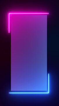 Glowing neon light rectangle frame with purple blue gradient abstract background. Vertical video looping animation	