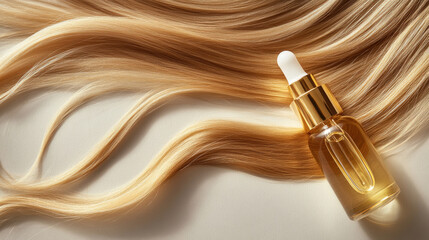 Hair oil bottle on a gray background, perfect for hair care product advertising.