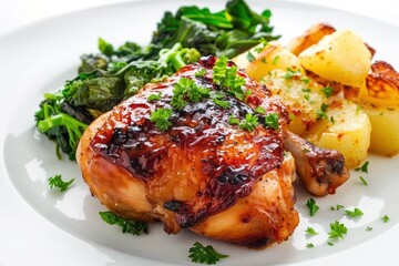 BBQ chicken thigh with scalloped potatoes and greens Ideal for restaurants and food advertising on white background