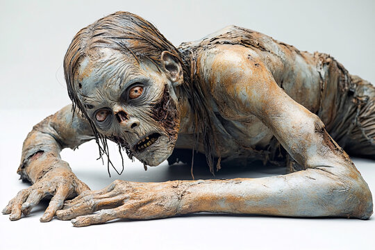 A nightmare zombie crawls on a white background, representing horror and fear. Suitable for Halloween-themed designs and scary concepts.