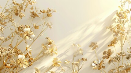 Golden Floral Arrangement with Sunlight and Shadows on a Beige Background